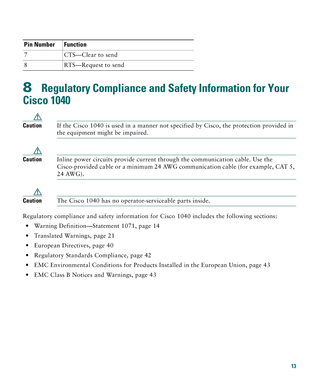 Cisco Systems 1040 quick start Regulatory Compliance and Safety Information for Your Cisco 