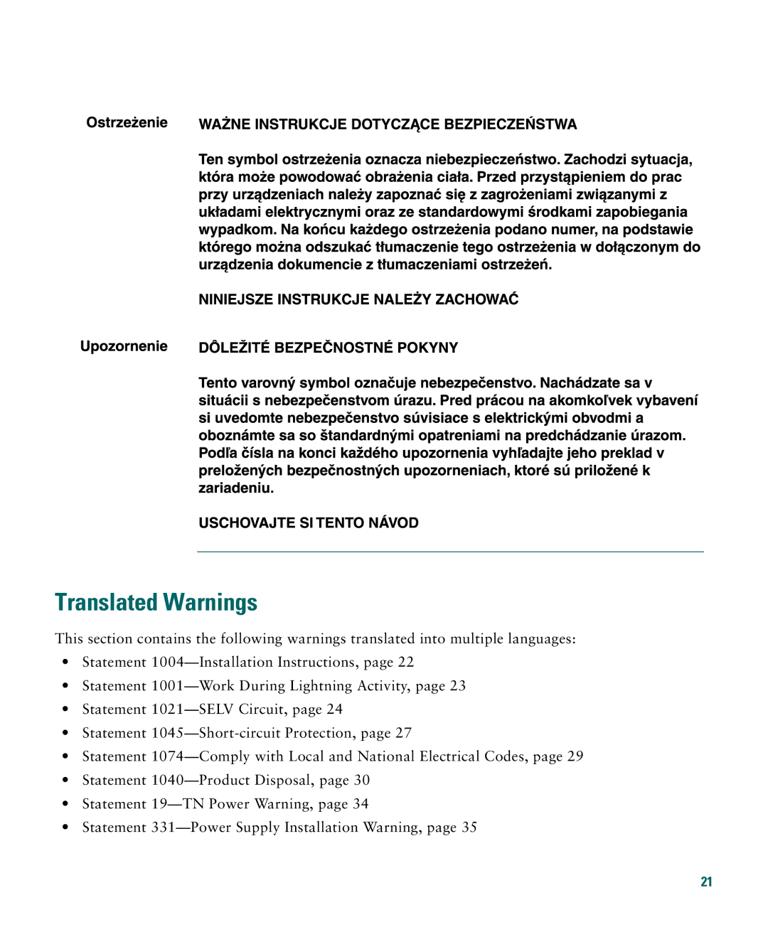 Cisco Systems 1040 quick start Translated Warnings 