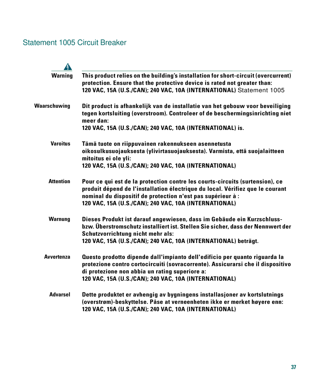 Cisco Systems 1040 quick start Statement 1005-Circuit Breaker 