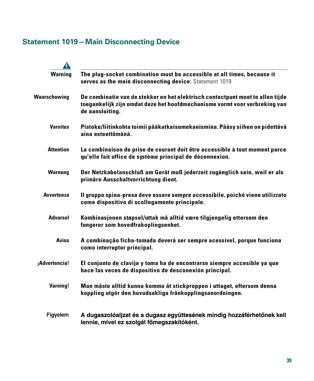 Cisco Systems 1040 quick start Statement 1019-Main Disconnecting Device 