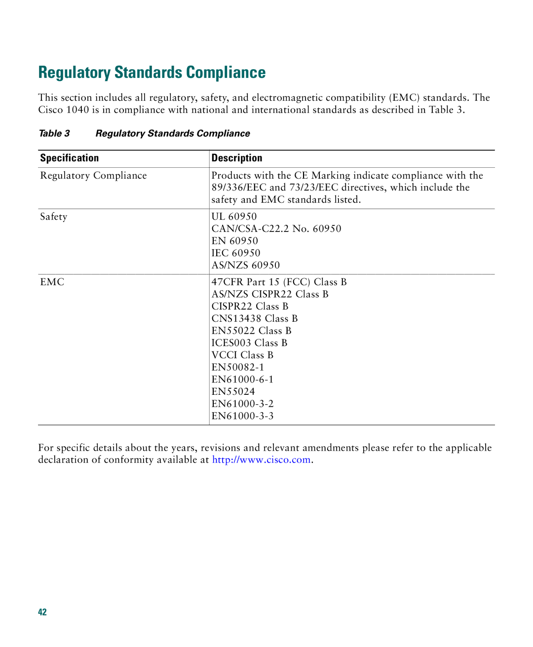 Cisco Systems 1040 quick start Regulatory Standards Compliance, Specification Description 