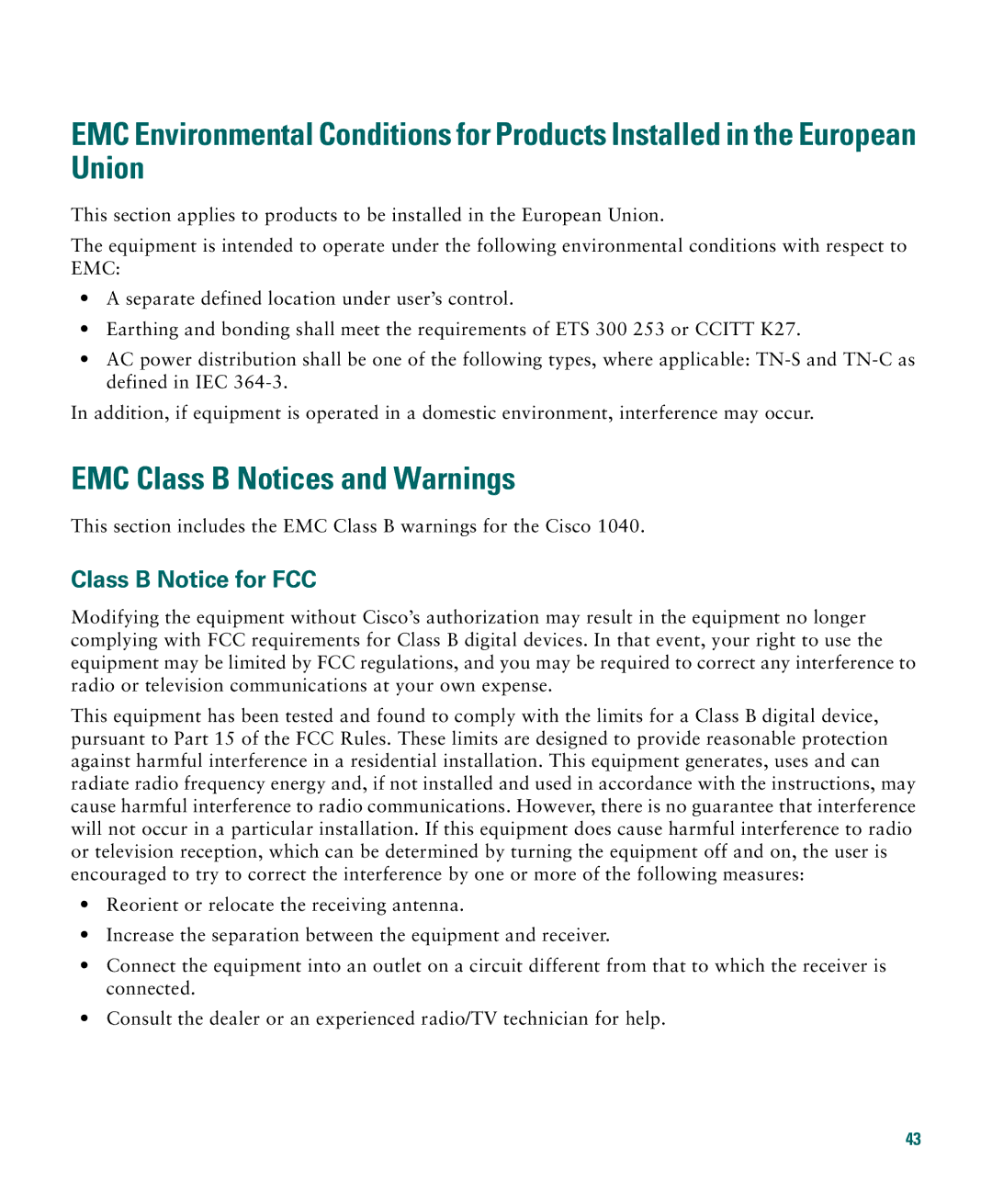 Cisco Systems 1040 quick start EMC Class B Notices and Warnings, Class B Notice for FCC 