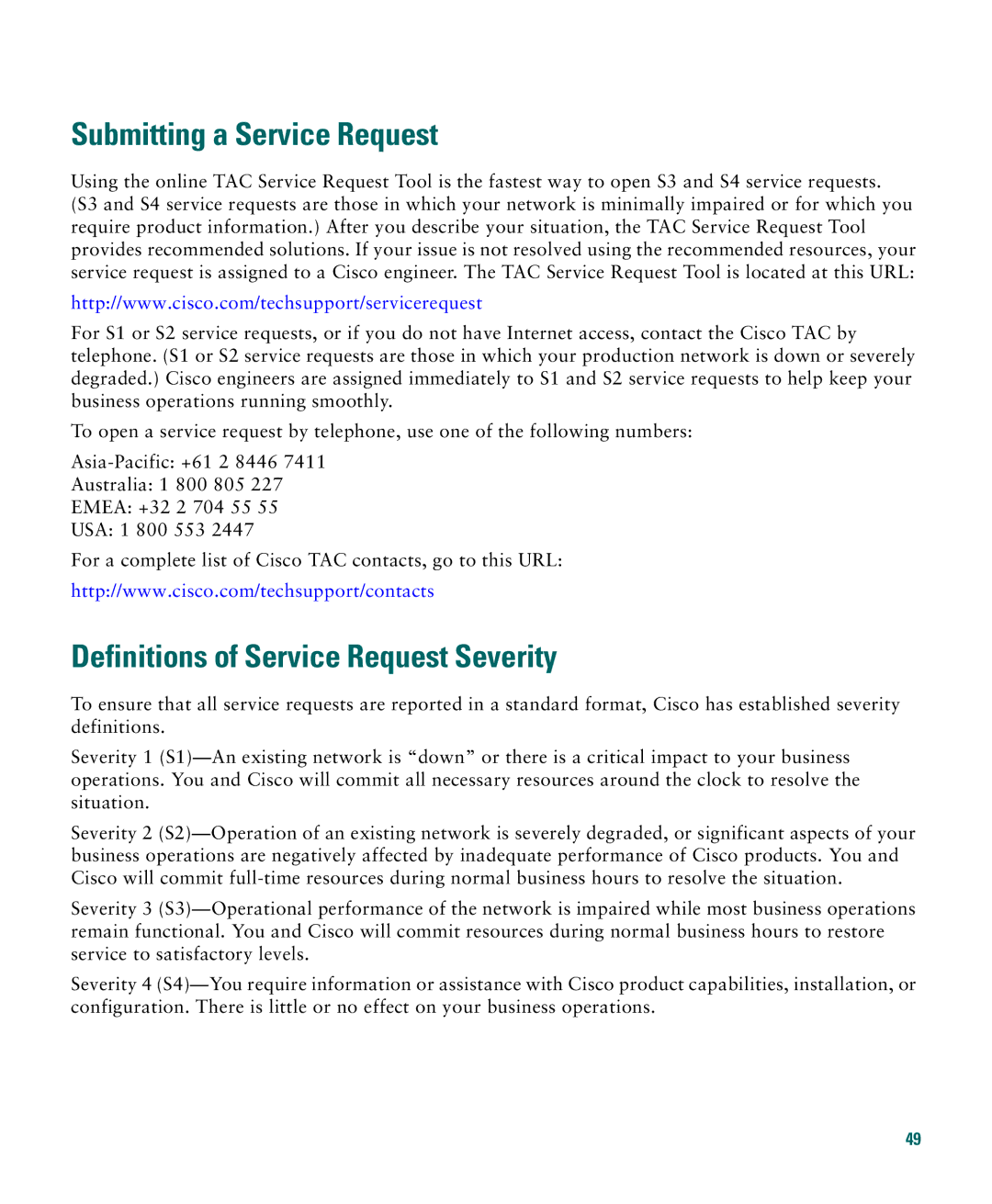 Cisco Systems 1040 quick start Submitting a Service Request, Definitions of Service Request Severity 