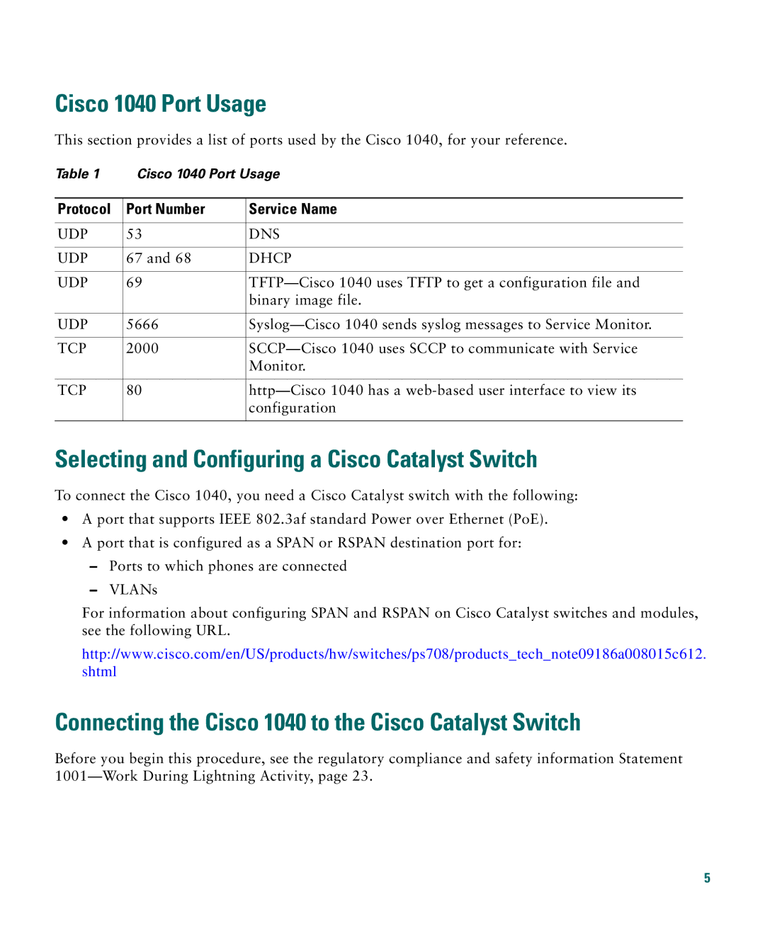 Cisco Systems quick start Cisco 1040 Port Usage, Selecting and Configuring a Cisco Catalyst Switch 