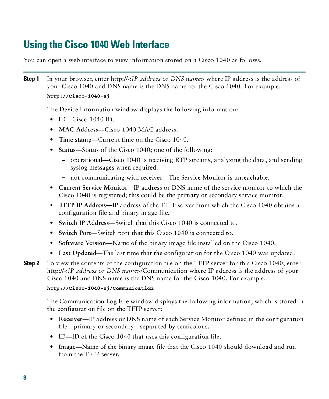 Cisco Systems quick start Using the Cisco 1040 Web Interface 