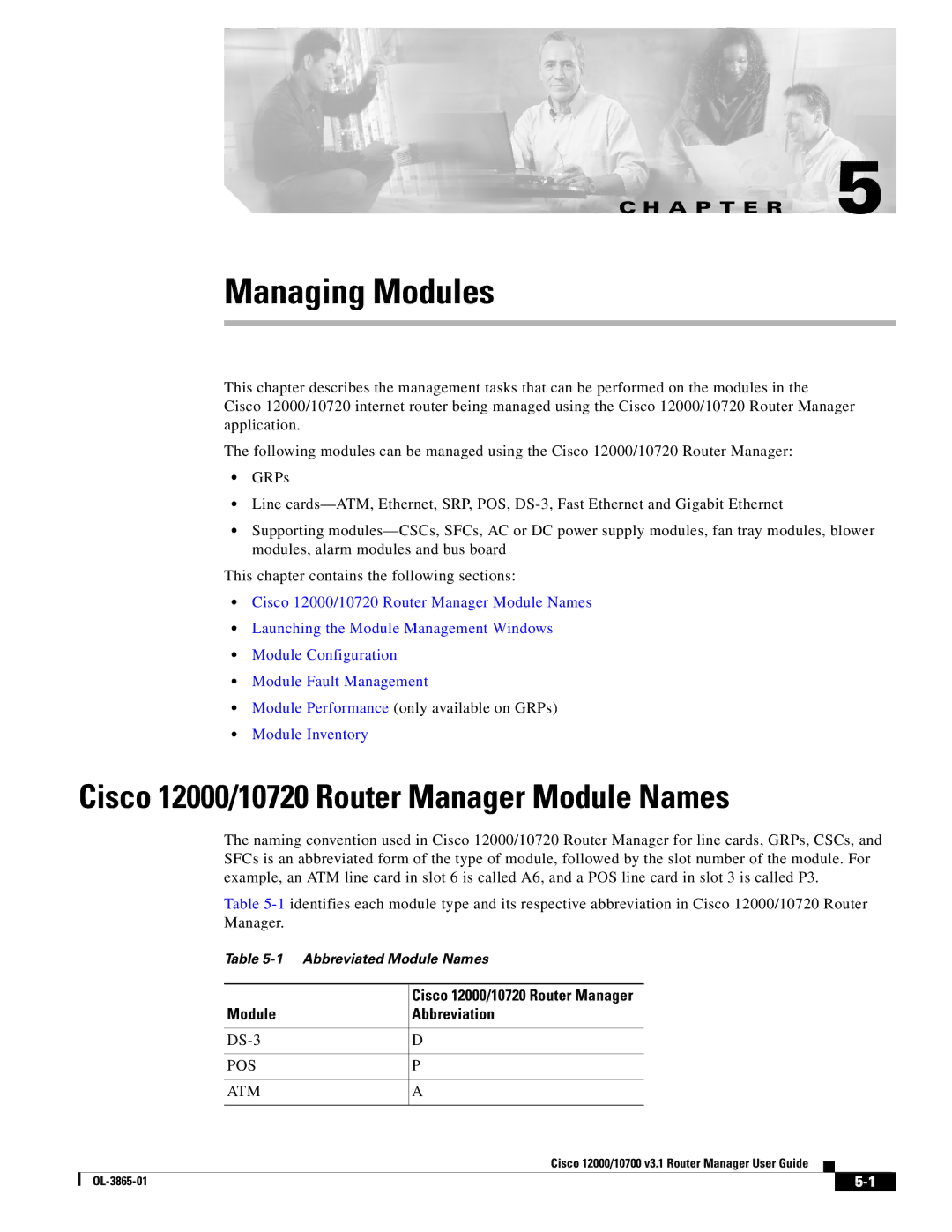 Cisco Systems 10700 manual Managing Modules, Cisco 12000/10720 Router Manager Module Names 