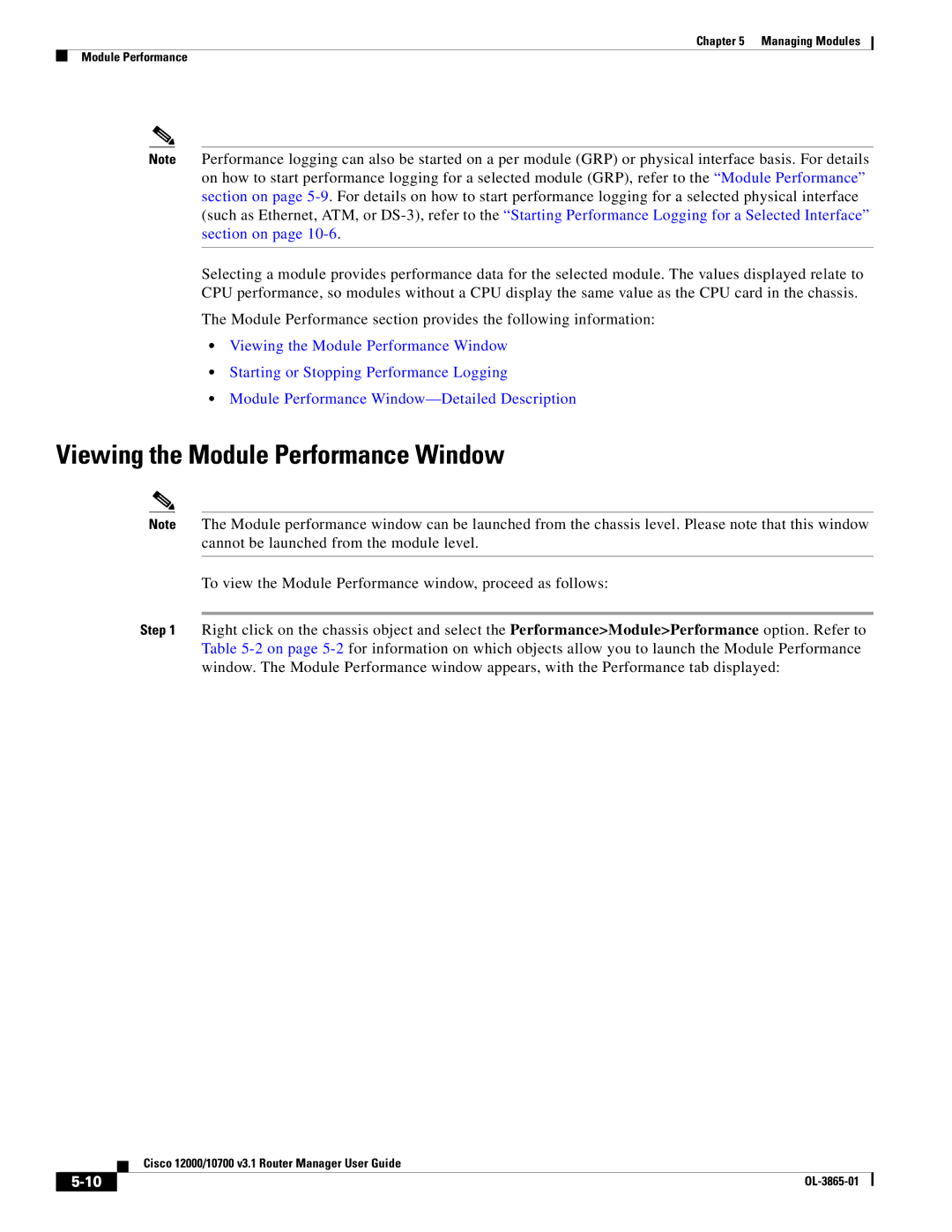 Cisco Systems 10700 manual Viewing the Module Performance Window 