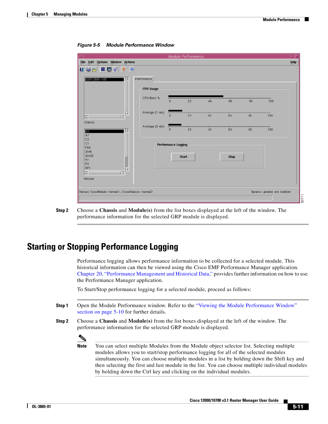 Cisco Systems 10700 manual Starting or Stopping Performance Logging, Module Performance Window 