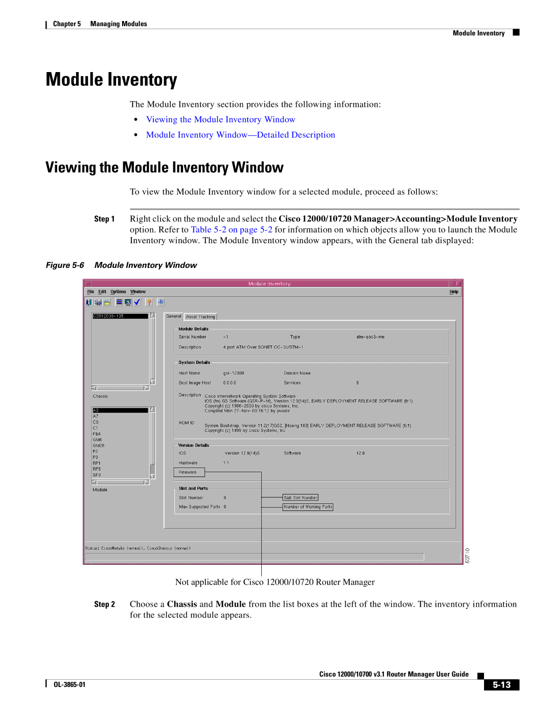 Cisco Systems 10700 manual Viewing the Module Inventory Window 