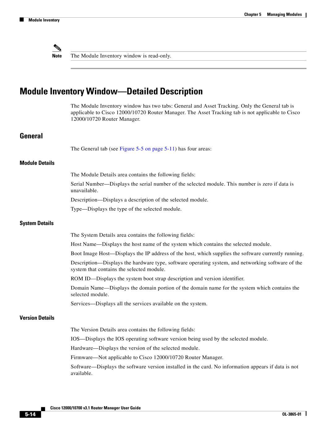 Cisco Systems 10700 manual Module Inventory Window-Detailed Description, General 