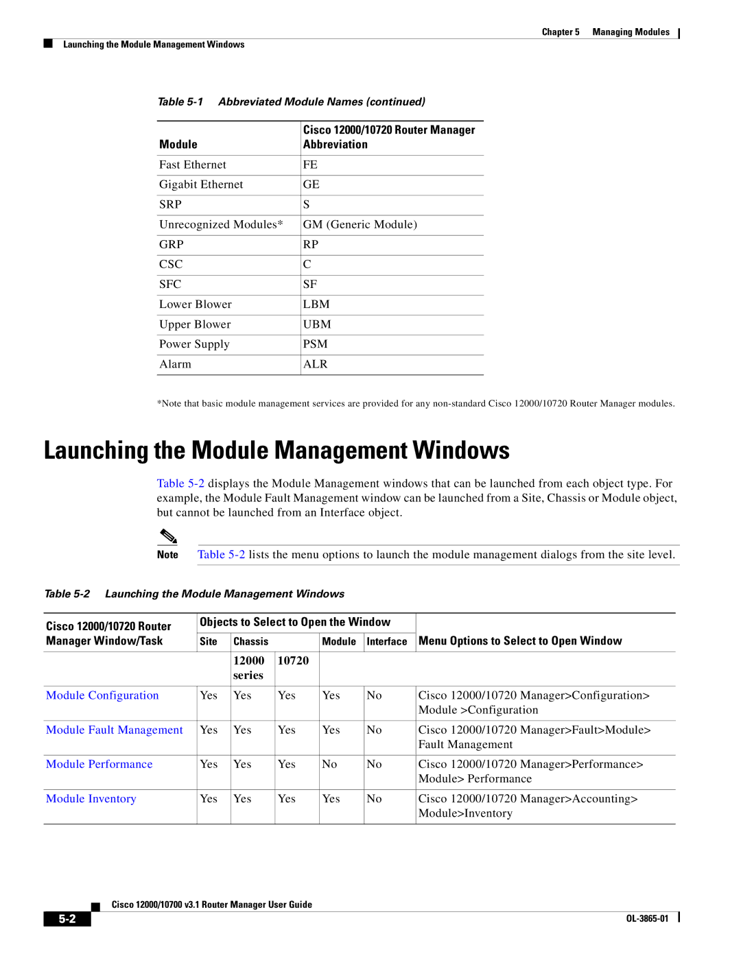 Cisco Systems 10700 manual Launching the Module Management Windows, Module Abbreviation 