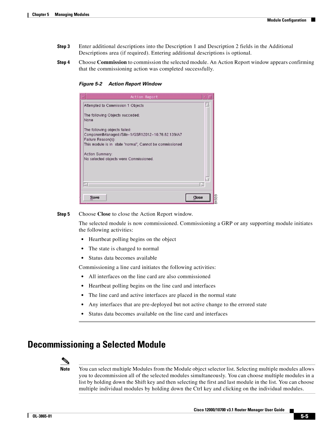 Cisco Systems 10700 manual Decommissioning a Selected Module, Action Report Window 