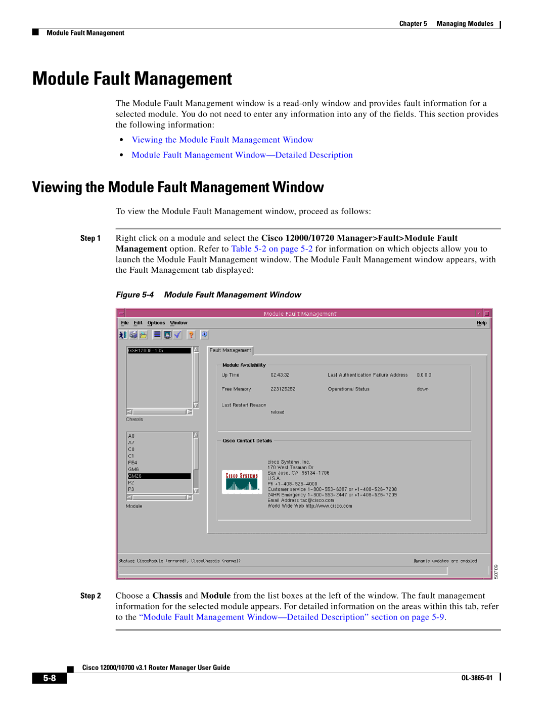 Cisco Systems 10700 manual Viewing the Module Fault Management Window 