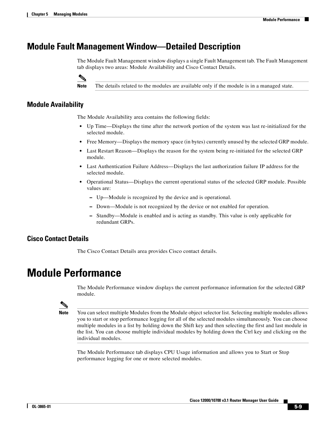 Cisco Systems 10700 manual Module Performance, Module Fault Management Window-Detailed Description, Module Availability 