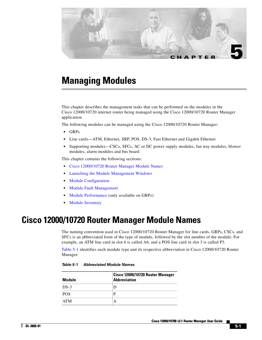 Cisco Systems 10700 manual Cisco 12000/10720 Router Manager Module Names, C H A P T E R, Module Fault Management 
