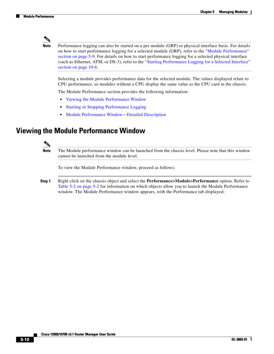 Cisco Systems 10700 manual Viewing the Module Performance Window, Starting or Stopping Performance Logging, 5-10 
