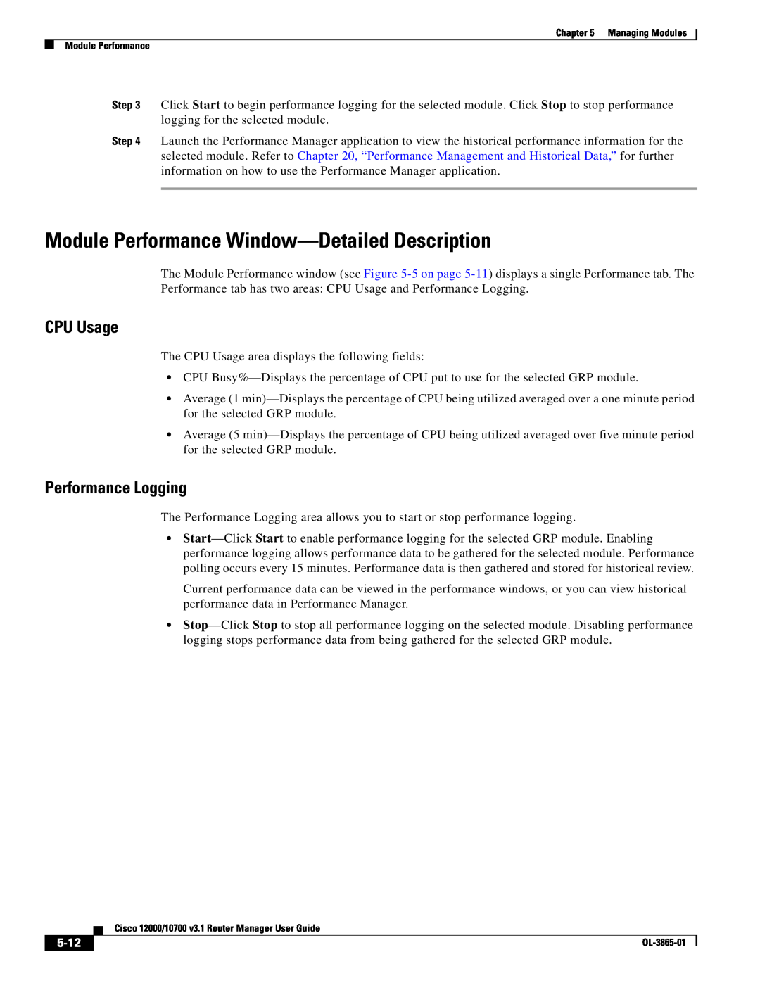 Cisco Systems 10700 manual Module Performance Window-Detailed Description, CPU Usage, Performance Logging, 5-12 