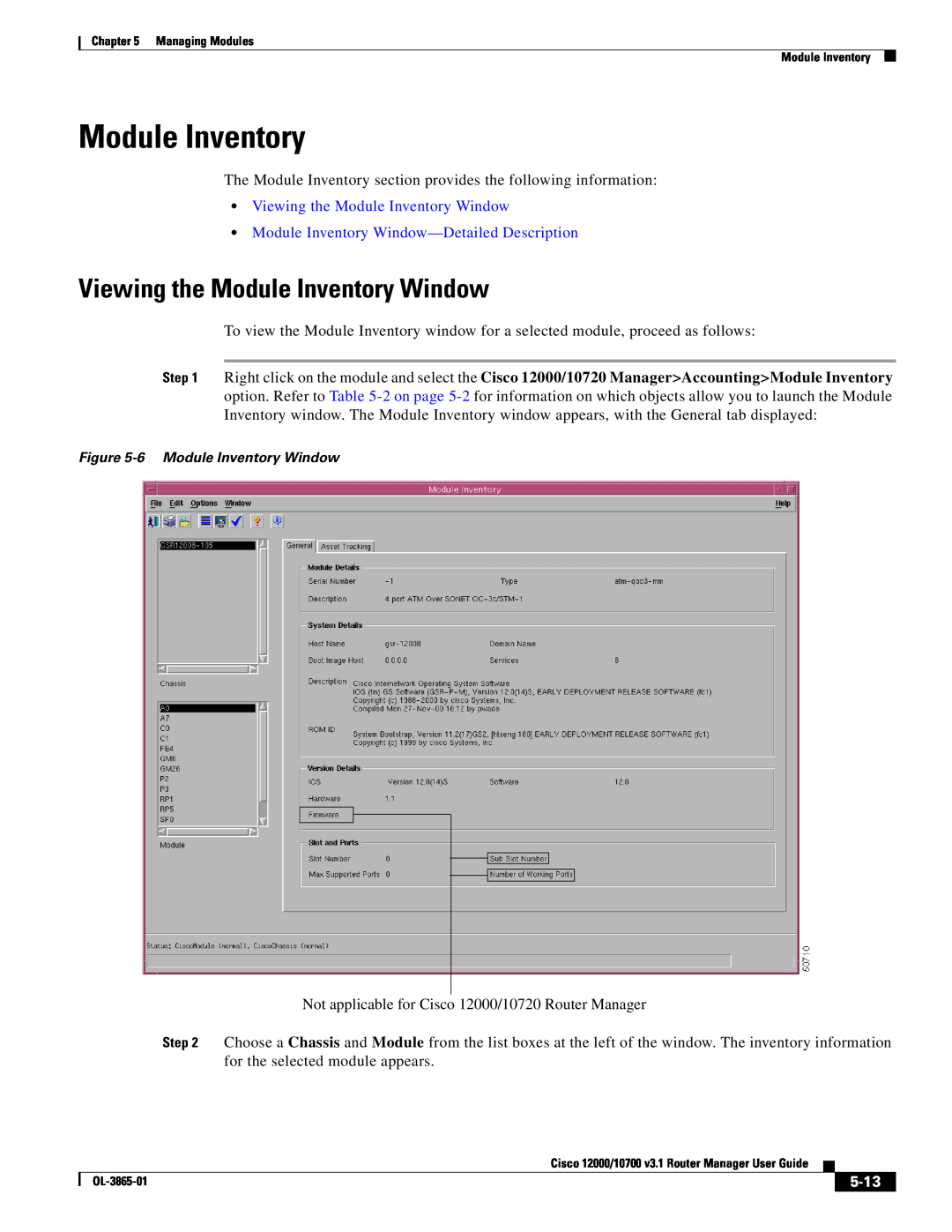 Cisco Systems 10700 manual Viewing the Module Inventory Window, Module Inventory Window-Detailed Description, 5-13 