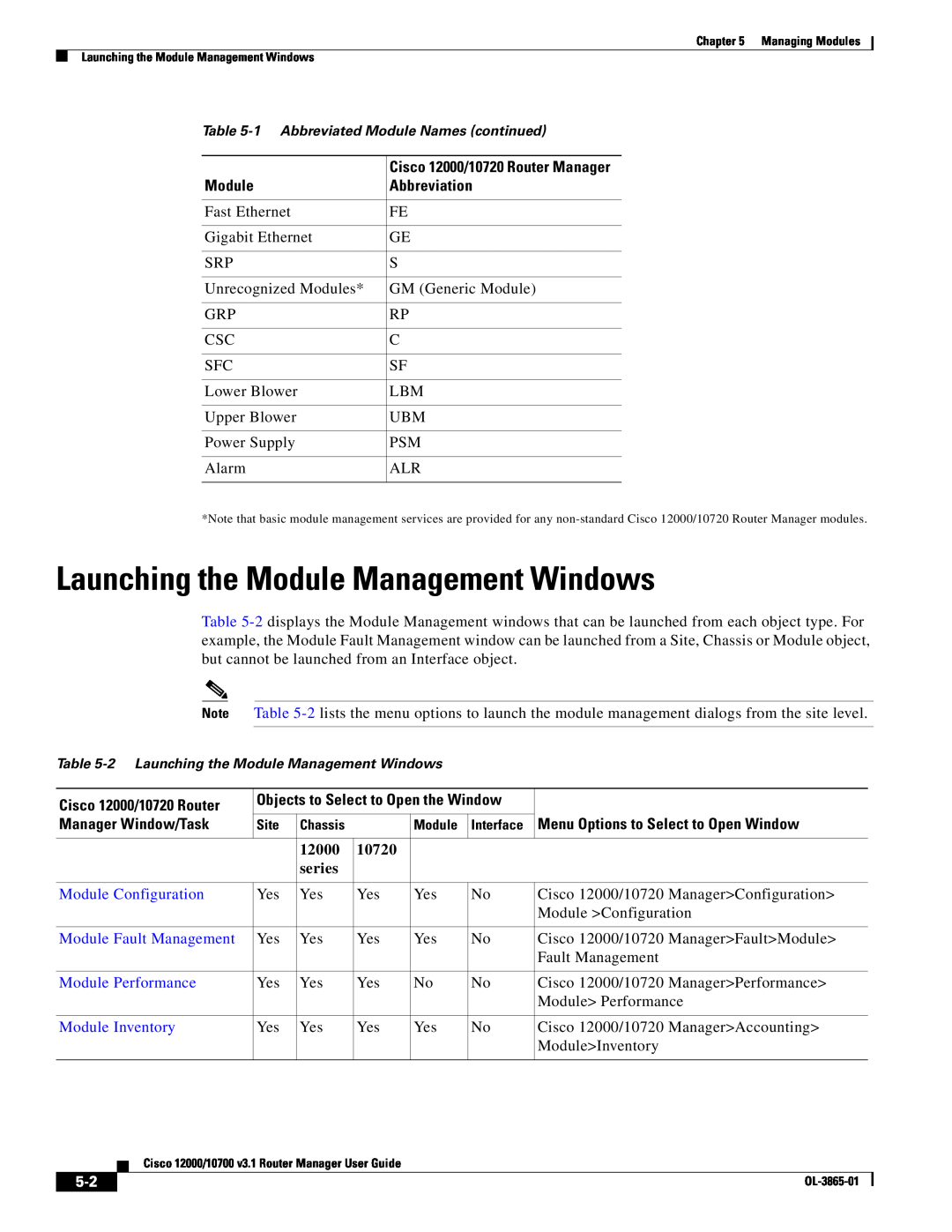Cisco Systems 10700 Launching the Module Management Windows, Abbreviation, Cisco 12000/10720 Router, Manager Window/Task 