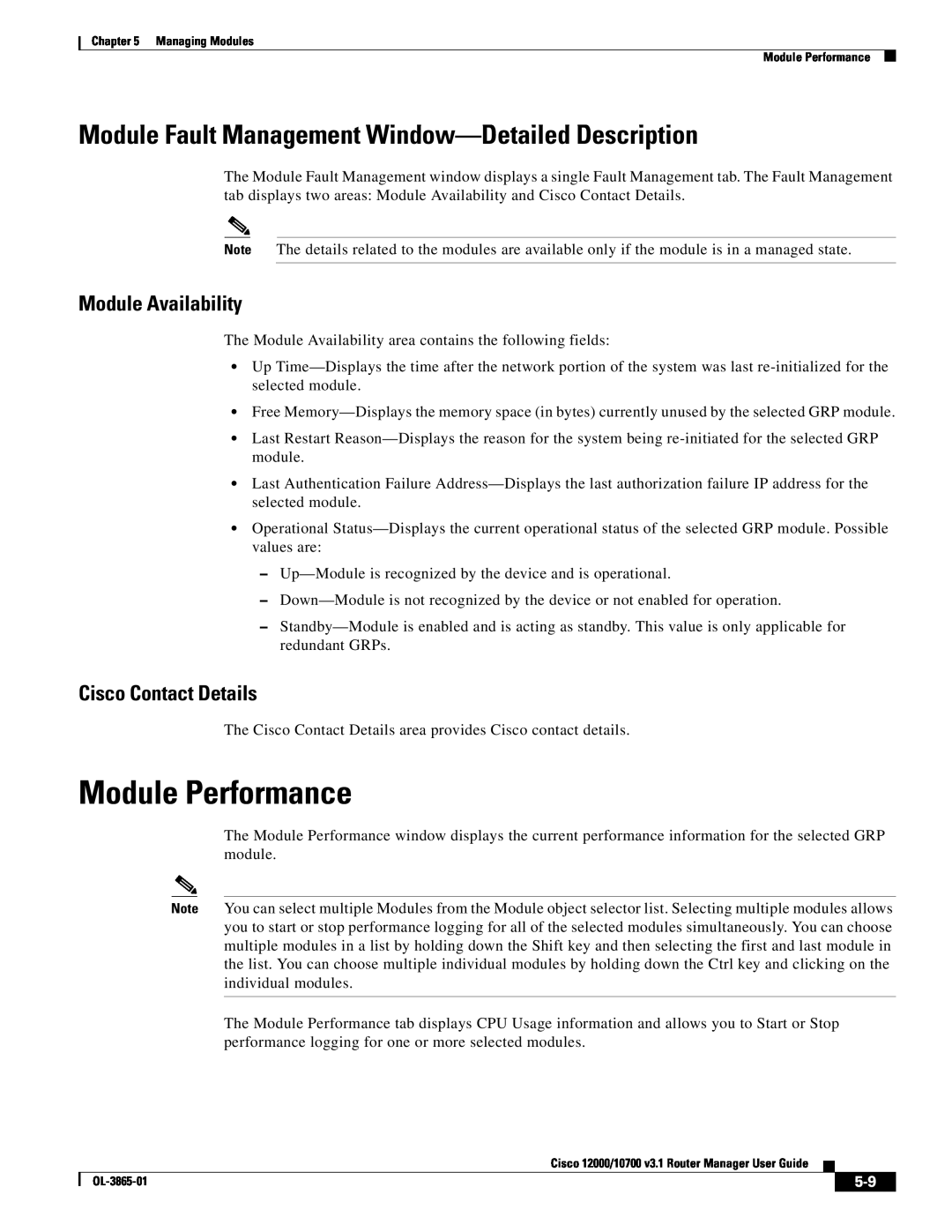 Cisco Systems 10700 manual Module Performance, Module Fault Management Window-Detailed Description, Module Availability 