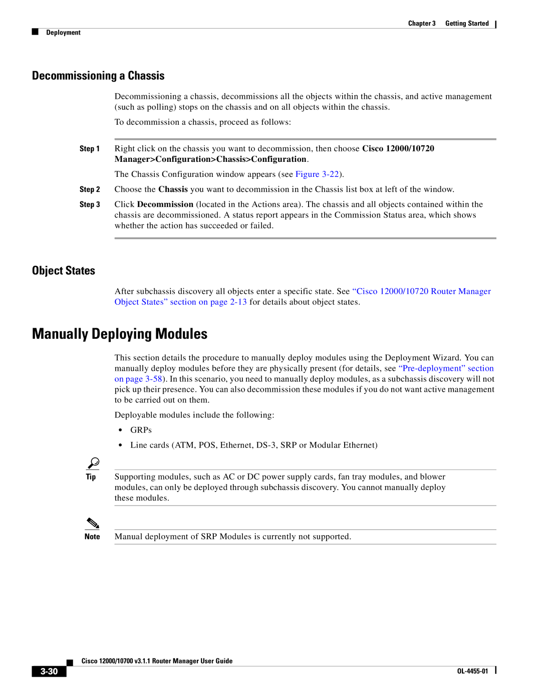 Cisco Systems 10720, 12000 manual Manually Deploying Modules, Decommissioning a Chassis, Object States 