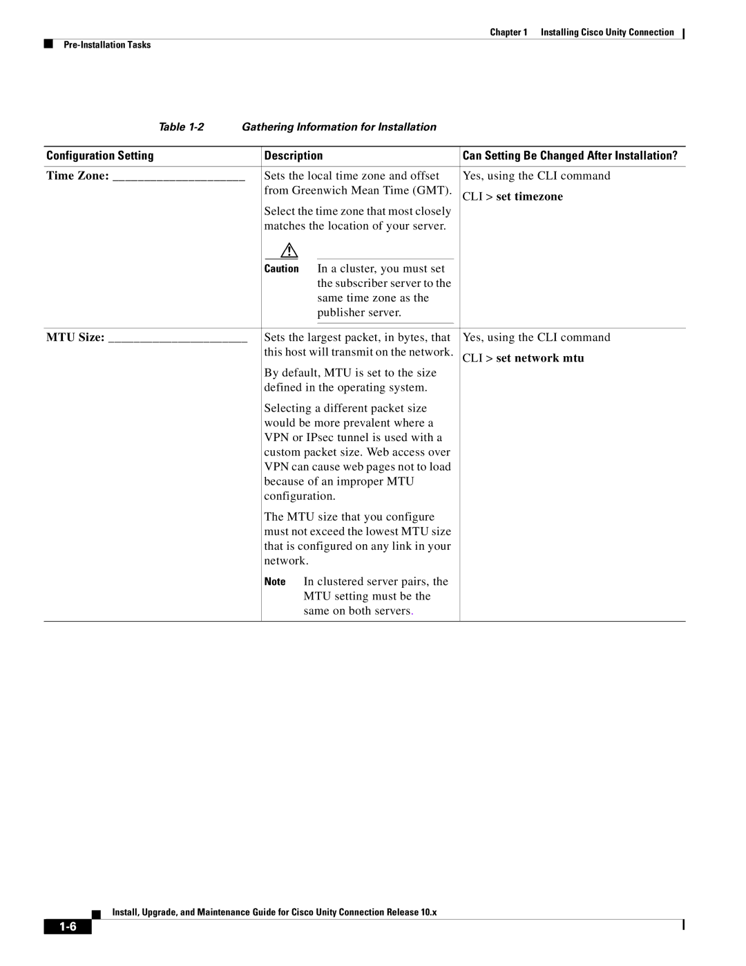 Cisco Systems 10.x manual Configuration Setting Description, Time Zone, CLI set timezone, MTU Size, CLI set network mtu 