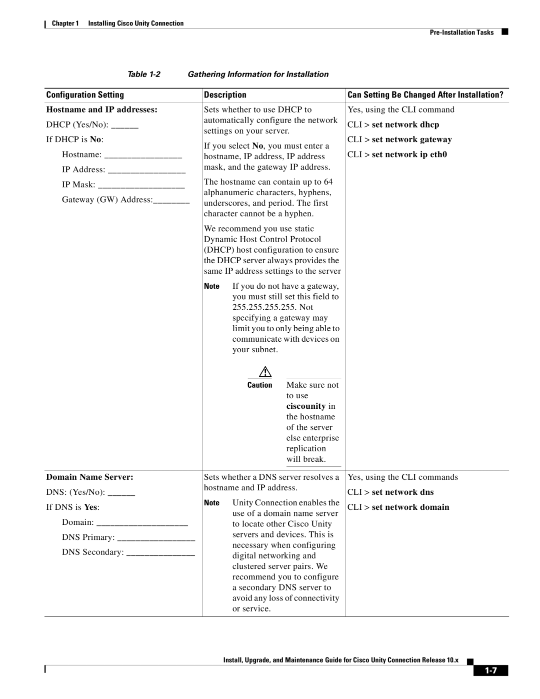 Cisco Systems 10.x manual Hostname and IP addresses, CLI set network dhcp, CLI set network gateway, CLI set network ip eth0 