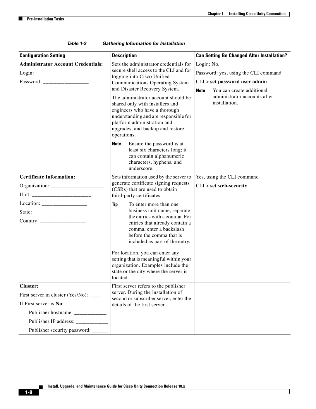 Cisco Systems 10.x manual Administrator Account Credentials, CLI set password user admin, Certificate Information, Cluster 