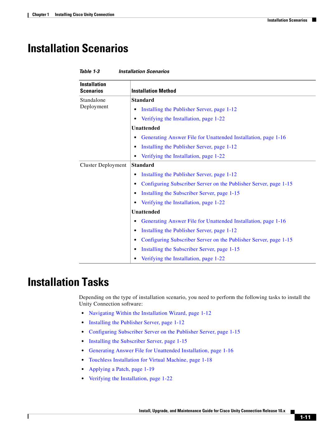 Cisco Systems 10.x manual Installation Scenarios, Installation Tasks, Standalone, Unattended 