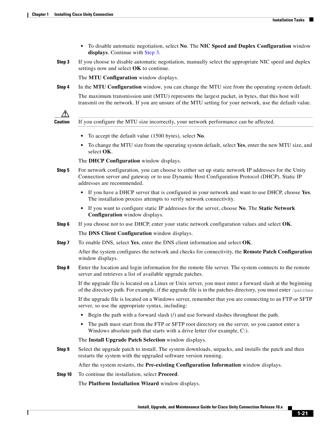 Cisco Systems 10.x manual Install Upgrade Patch Selection window displays, Platform Installation Wizard window displays 