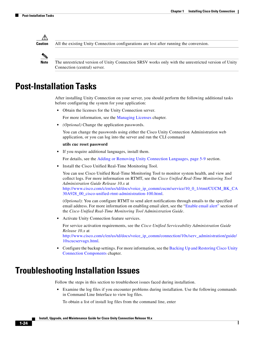 Cisco Systems 10.x manual Post-Installation Tasks, Troubleshooting Installation Issues, Utils cuc reset password 