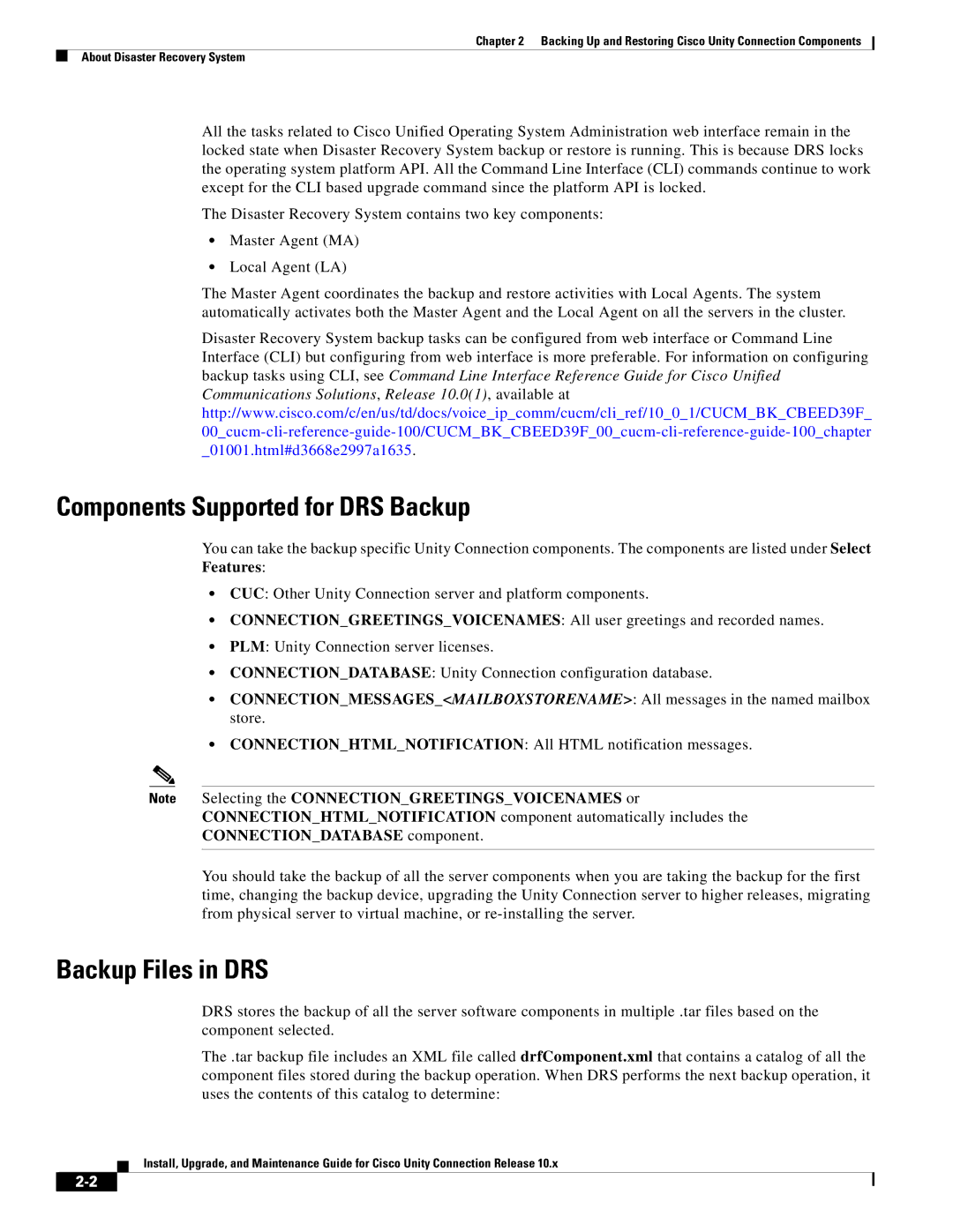 Cisco Systems 10.x manual Components Supported for DRS Backup, Backup Files in DRS, Connectiondatabase component 