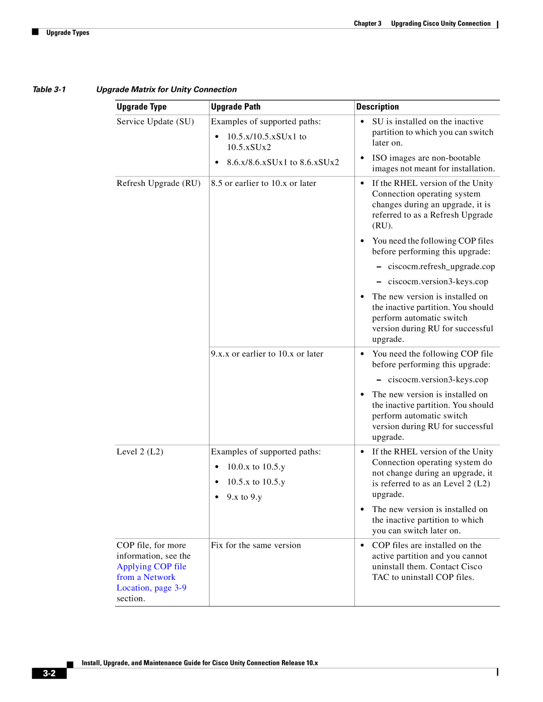 Cisco Systems 10.x manual Upgrade Type Upgrade Path Description, Applying COP file, From a Network, Location 