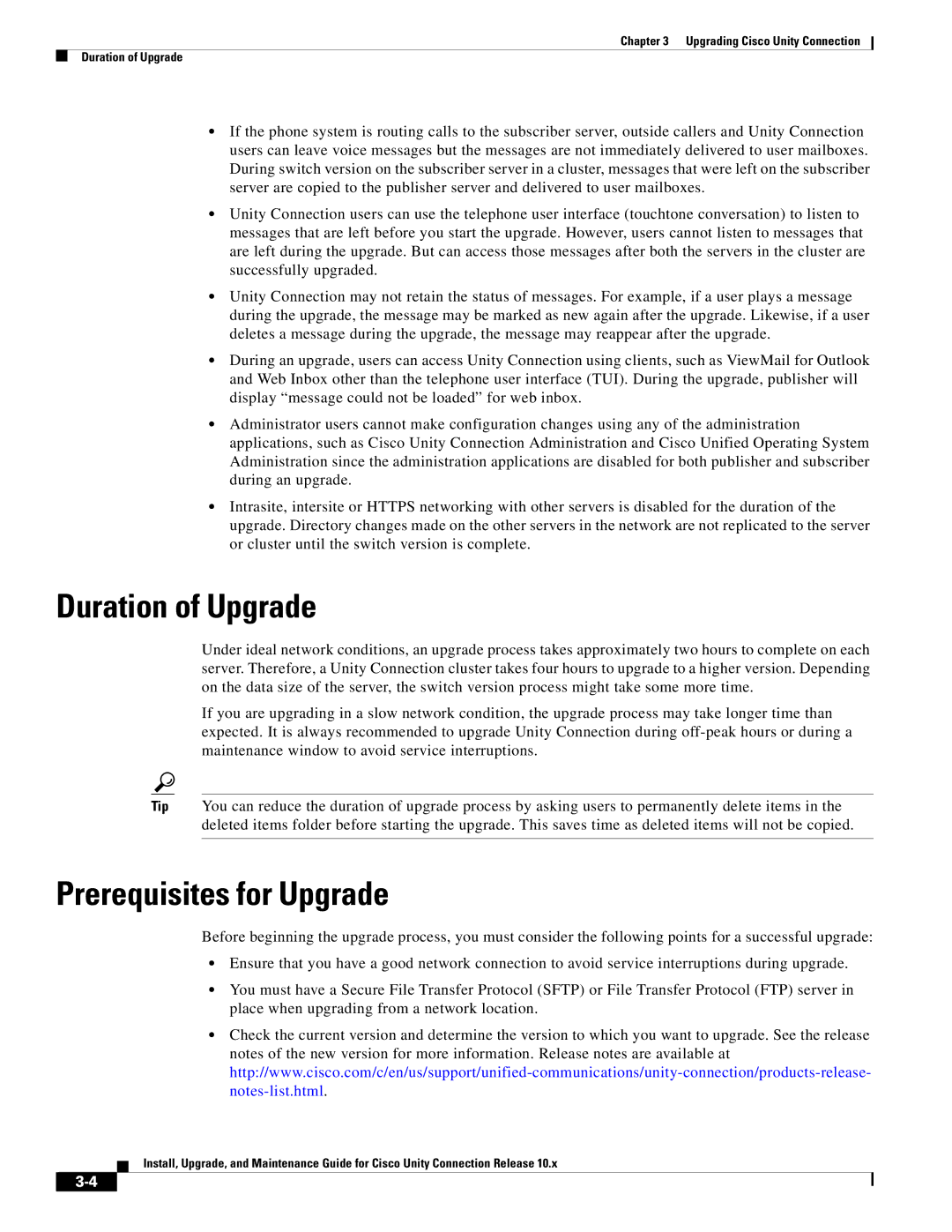 Cisco Systems 10.x manual Duration of Upgrade, Prerequisites for Upgrade 