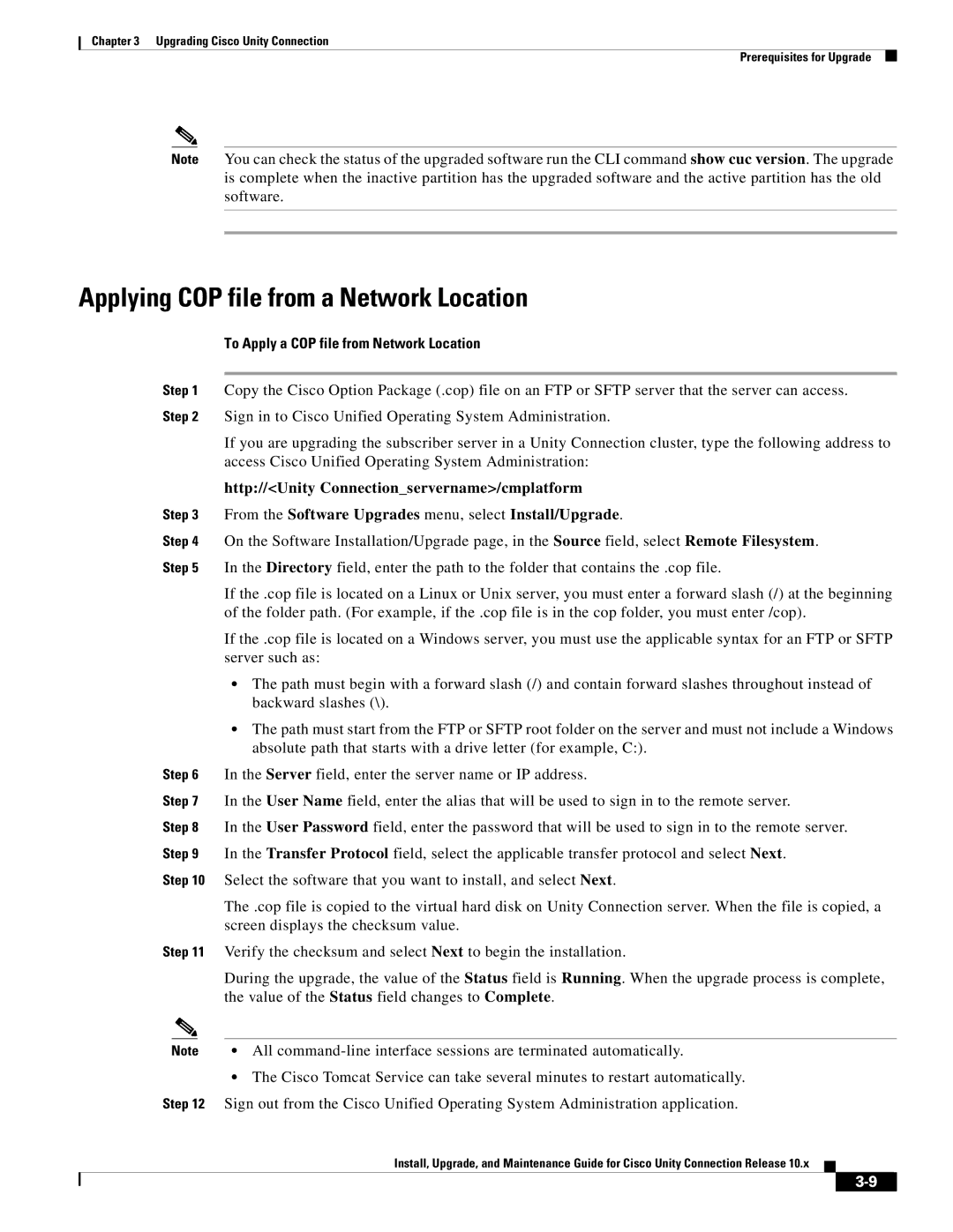 Cisco Systems 10.x manual Applying COP file from a Network Location, To Apply a COP file from Network Location 