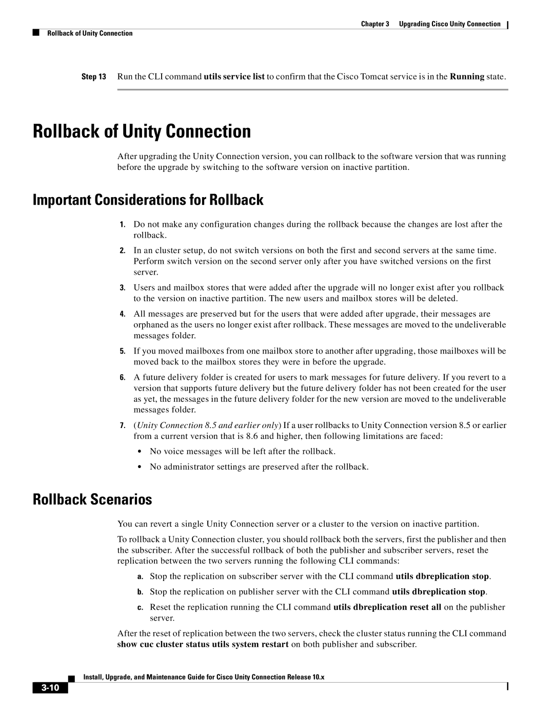 Cisco Systems 10.x manual Rollback of Unity Connection, Important Considerations for Rollback, Rollback Scenarios 