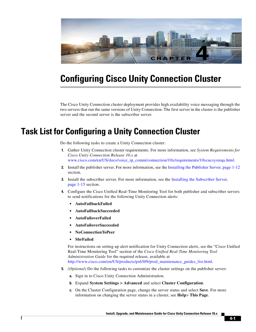 Cisco Systems 10.x manual Configuring Cisco Unity Connection Cluster, Task List for Configuring a Unity Connection Cluster 