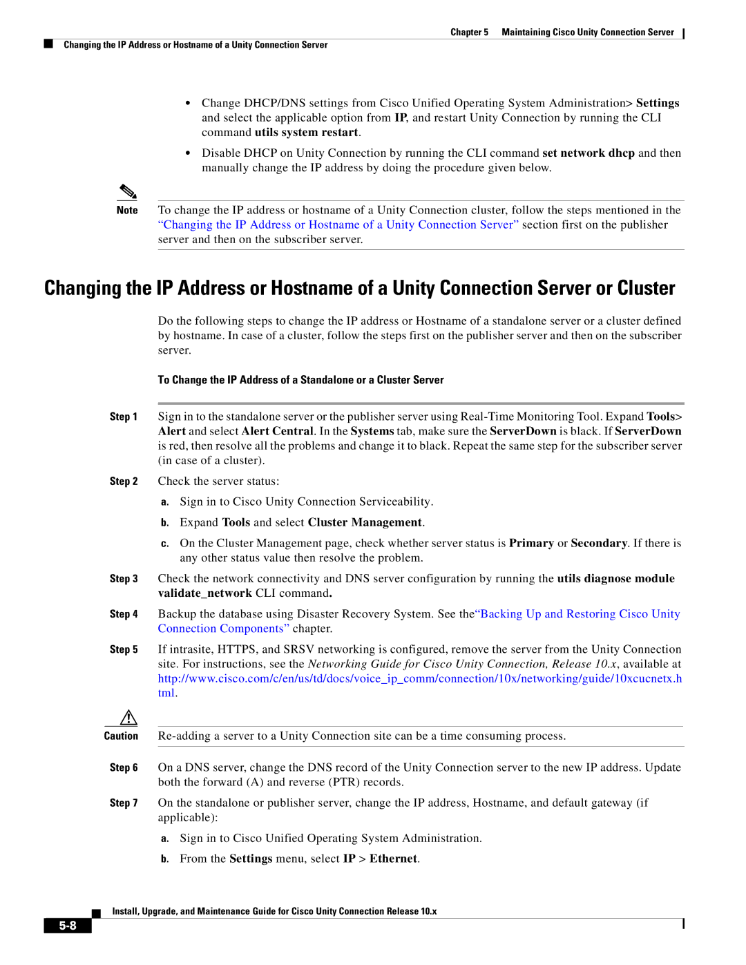 Cisco Systems 10.x manual To Change the IP Address of a Standalone or a Cluster Server 