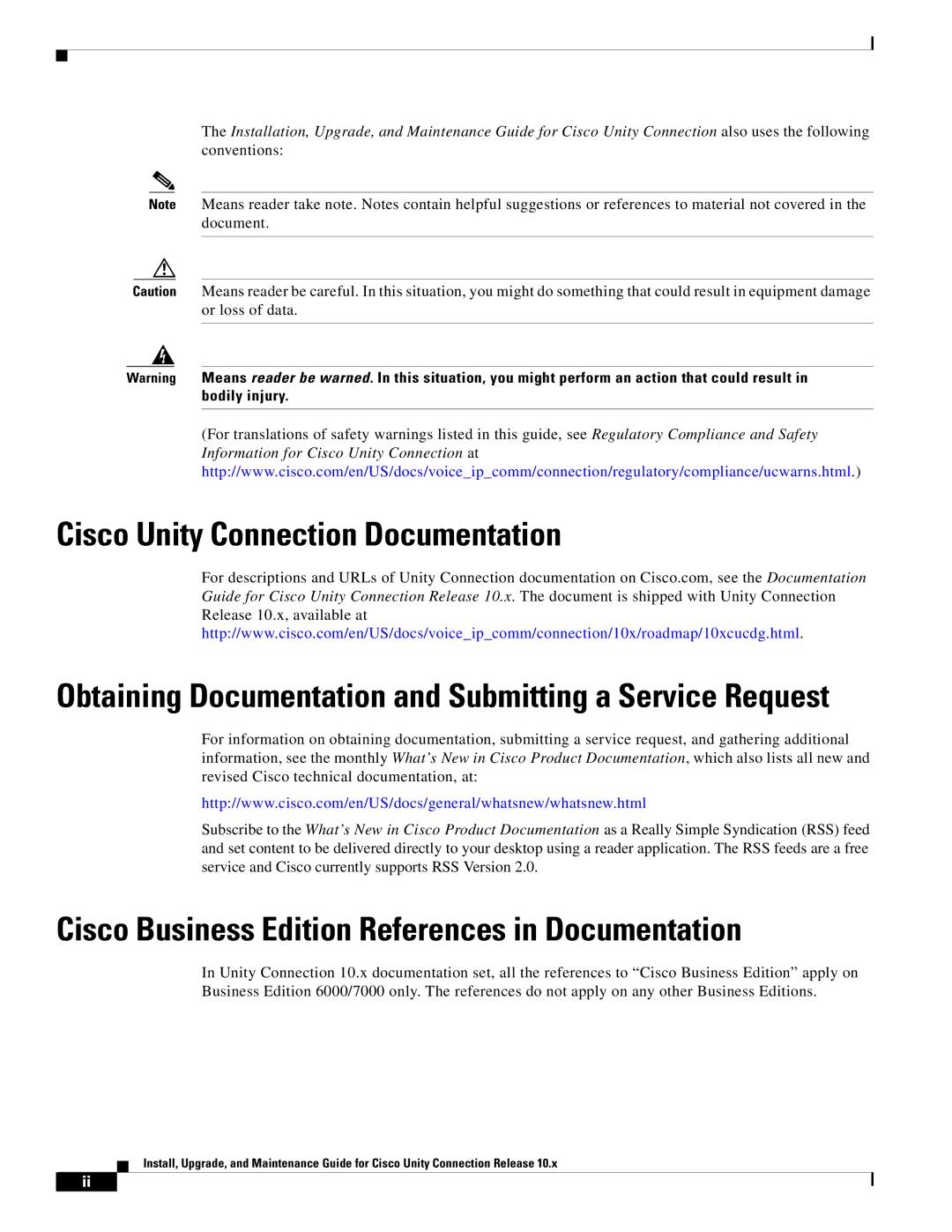 Cisco Systems 10.x manual Cisco Unity Connection Documentation, Cisco Business Edition References in Documentation 