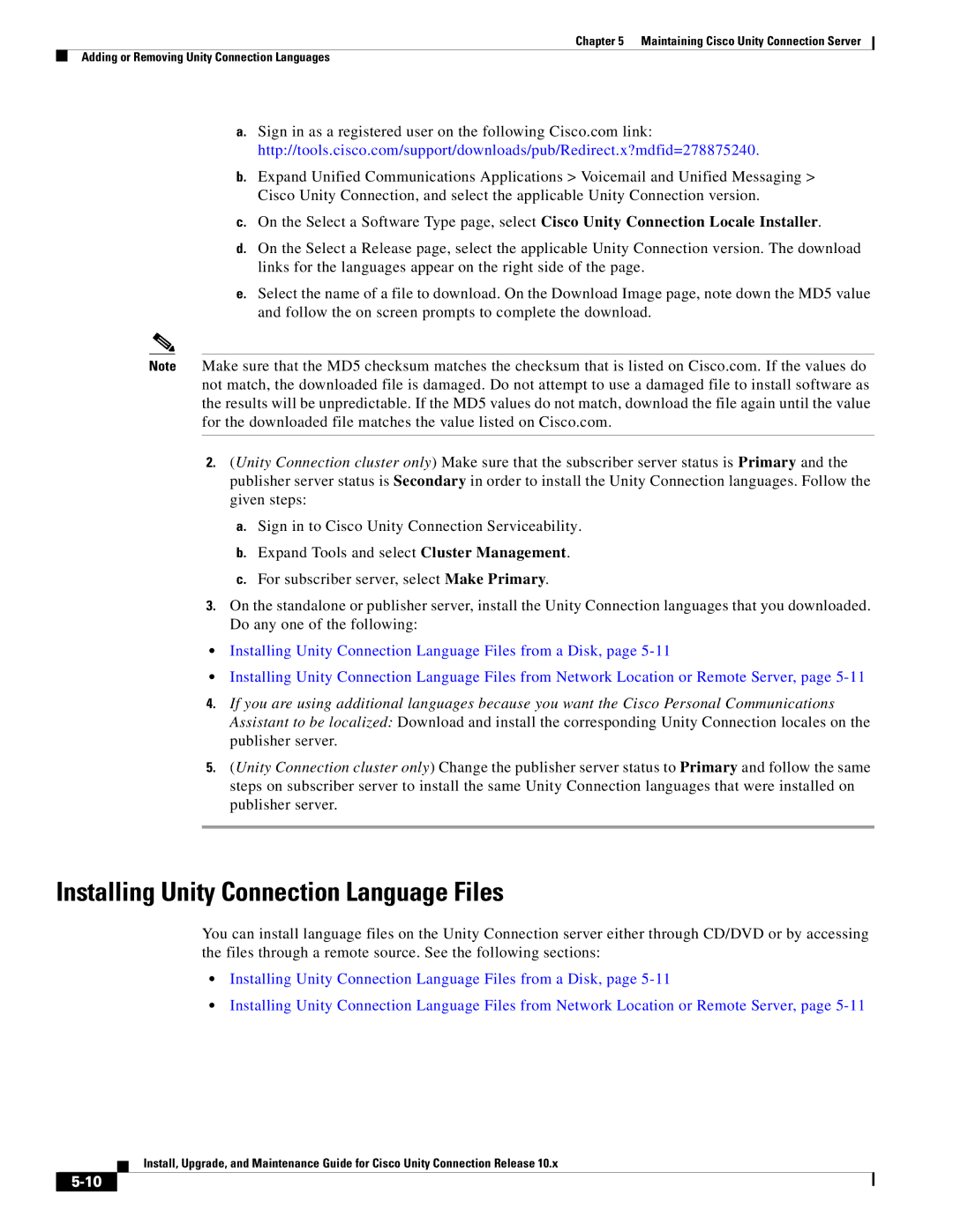 Cisco Systems 10.x manual Installing Unity Connection Language Files 