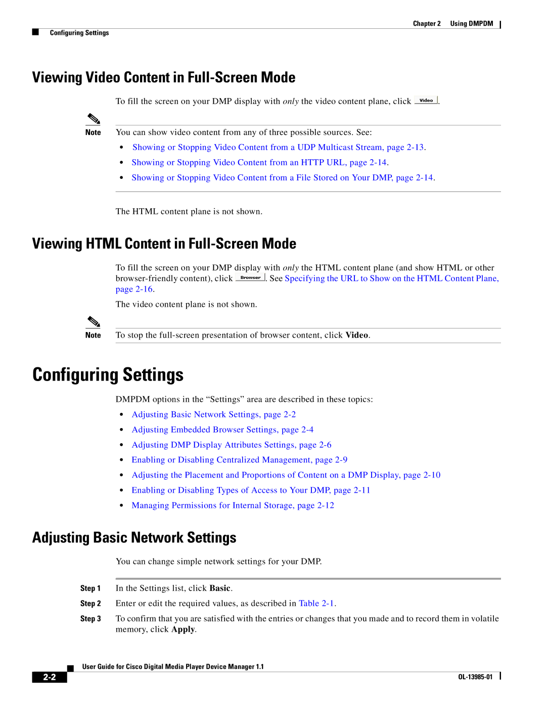 Cisco Systems 1.1 manual Configuring Settings, Viewing Video Content in Full-Screen Mode, Adjusting Basic Network Settings 