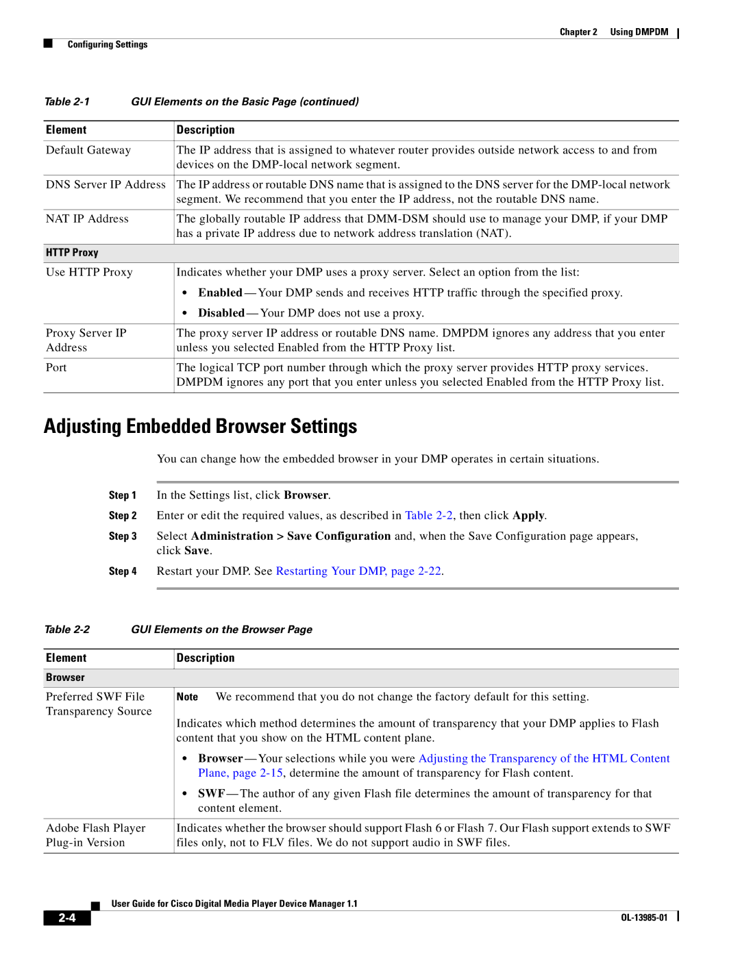 Cisco Systems 1.1 manual Adjusting Embedded Browser Settings 