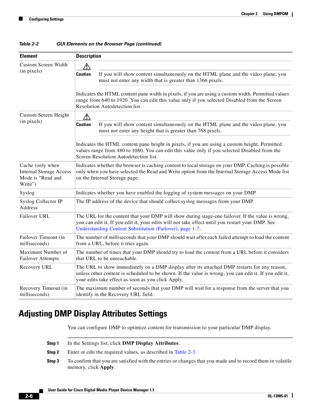 Cisco Systems 1.1 manual Adjusting DMP Display Attributes Settings, Understanding Content Substitution Failover 