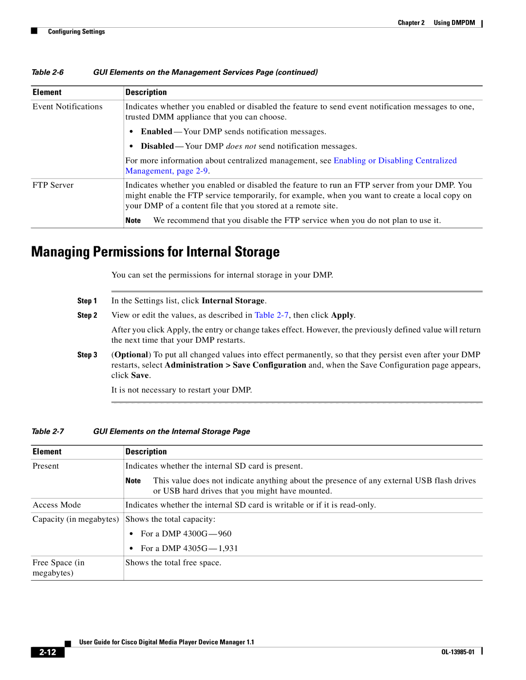 Cisco Systems 1.1 manual Managing Permissions for Internal Storage, Management 