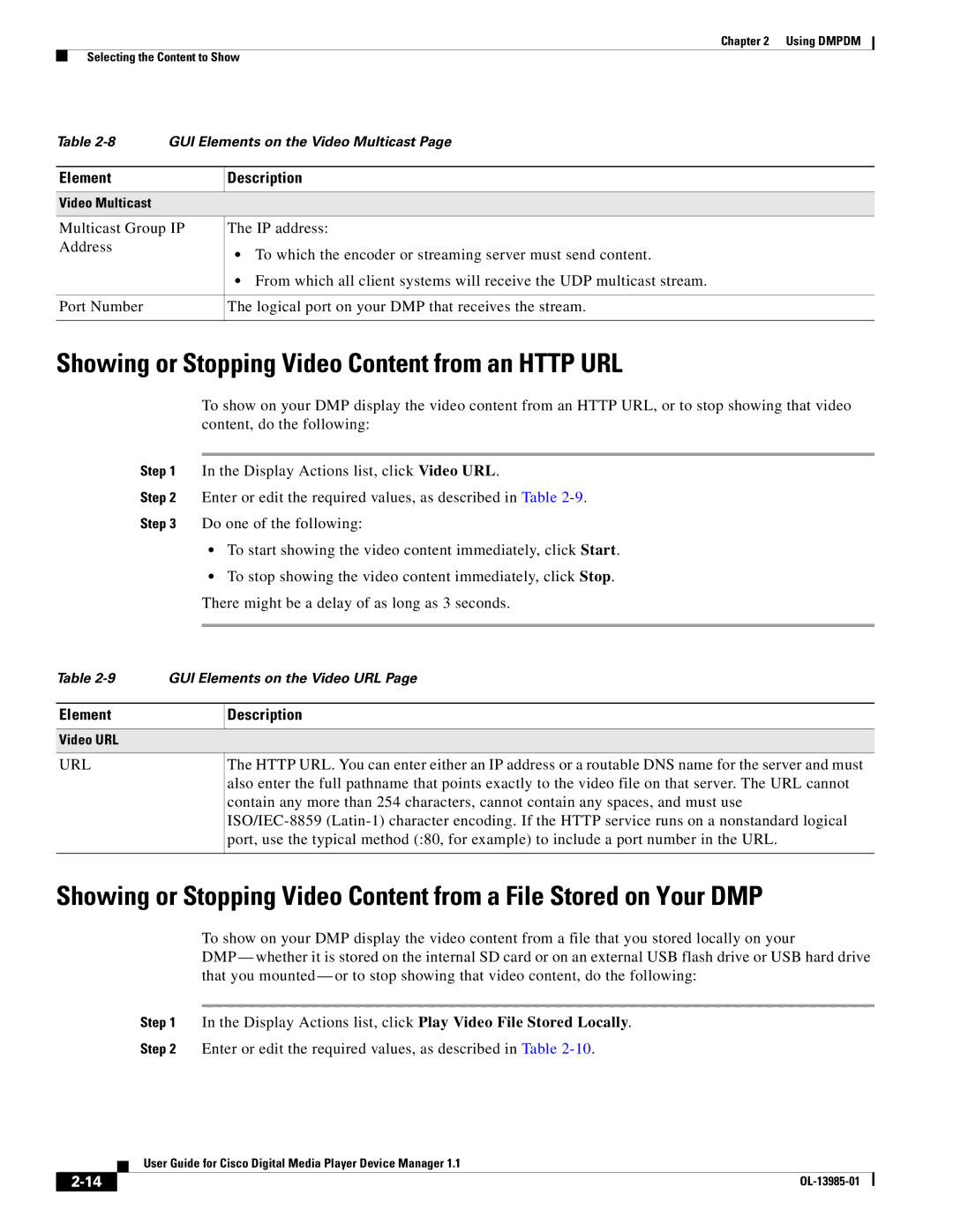 Cisco Systems 1.1 manual Showing or Stopping Video Content from an Http URL, Url 