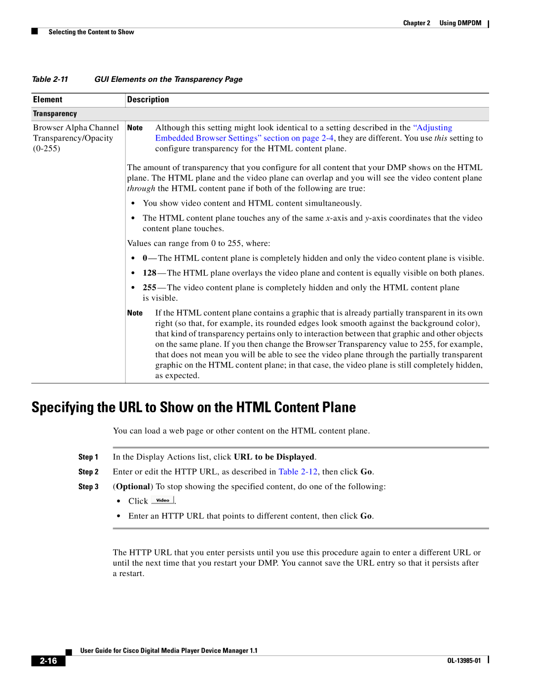 Cisco Systems 1.1 manual Specifying the URL to Show on the Html Content Plane 