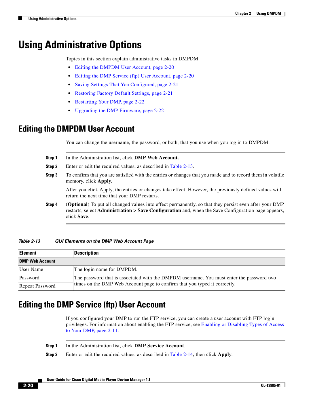 Cisco Systems 1.1 Using Administrative Options, Editing the Dmpdm User Account, Editing the DMP Service ftp User Account 