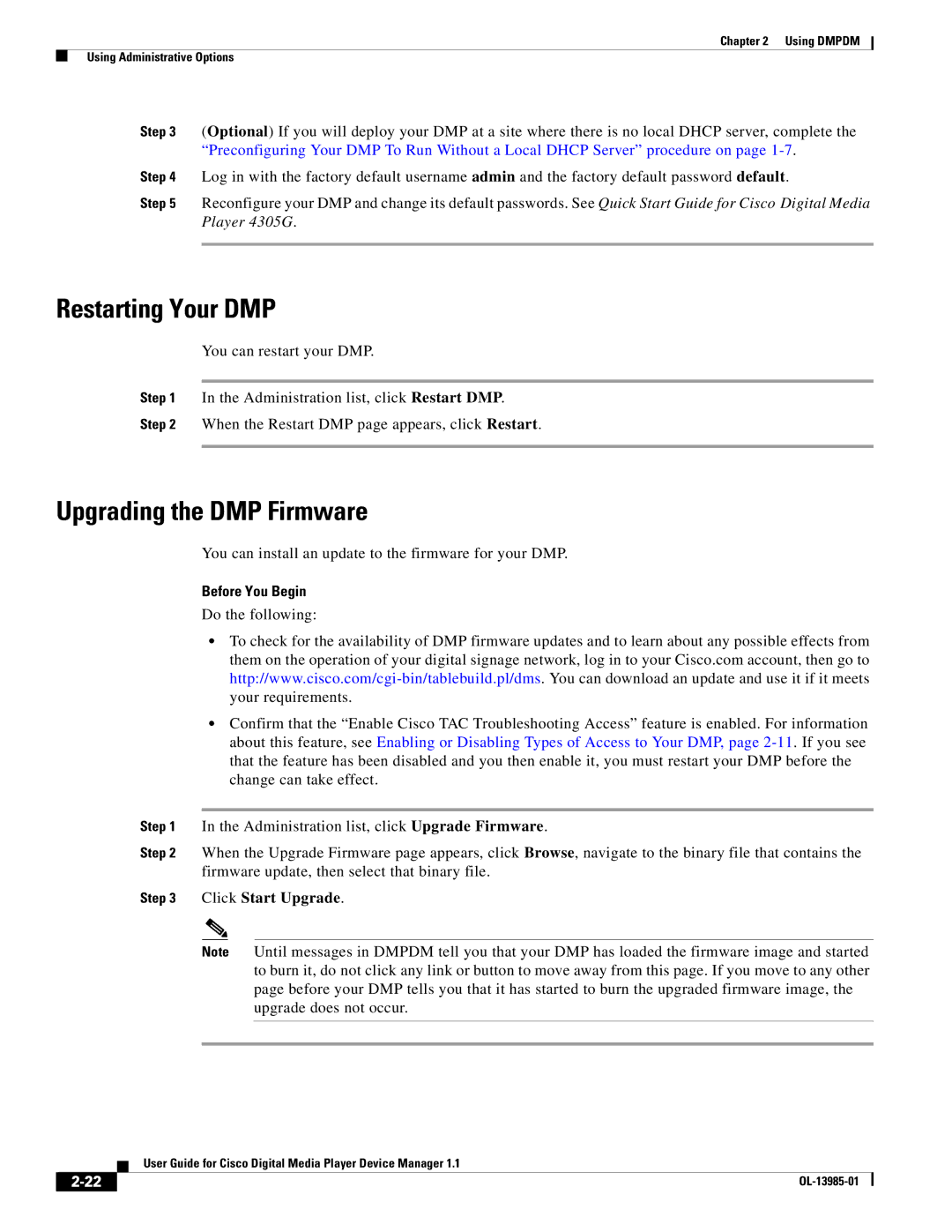 Cisco Systems 1.1 manual Restarting Your DMP, Upgrading the DMP Firmware, Before You Begin 