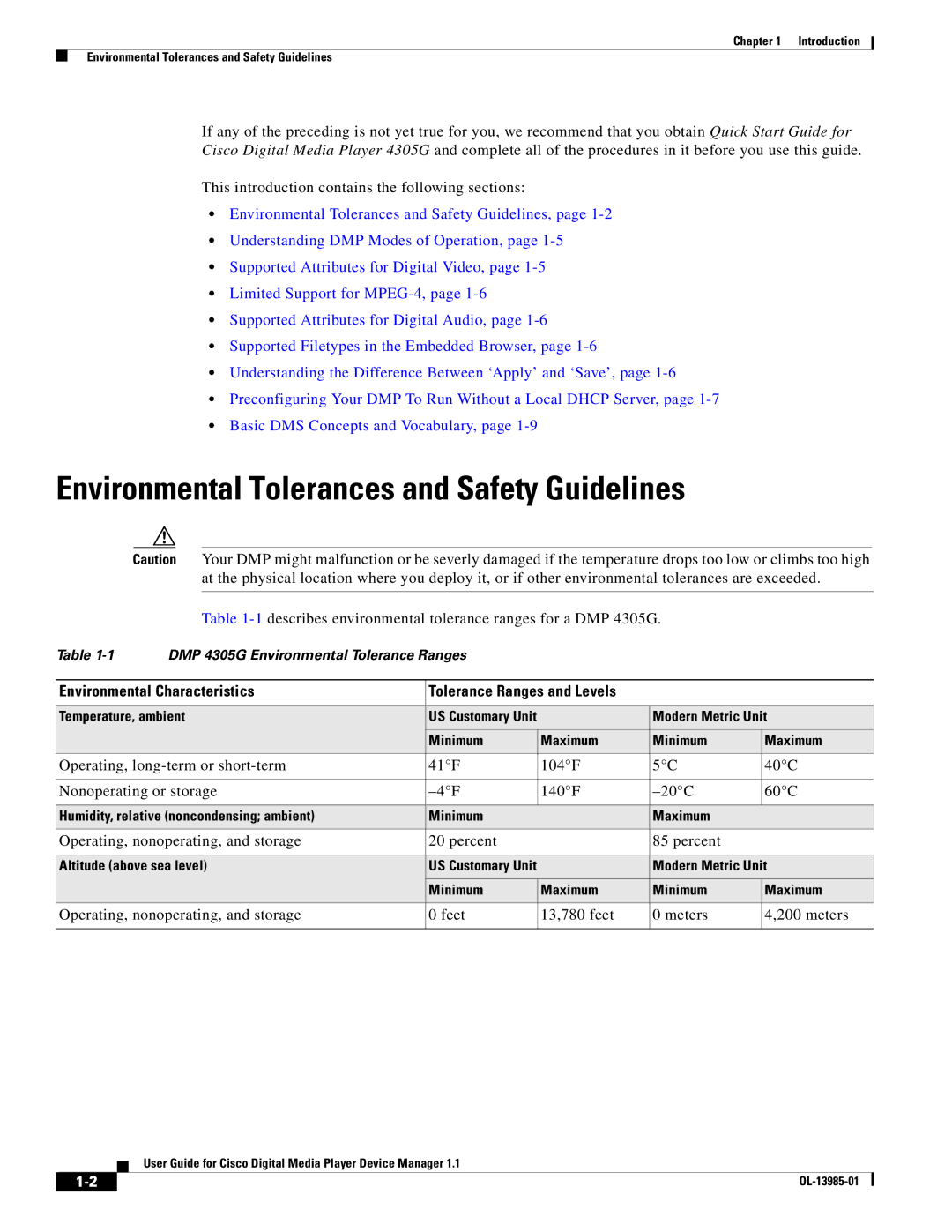 Cisco Systems 1.1 manual Environmental Tolerances and Safety Guidelines 