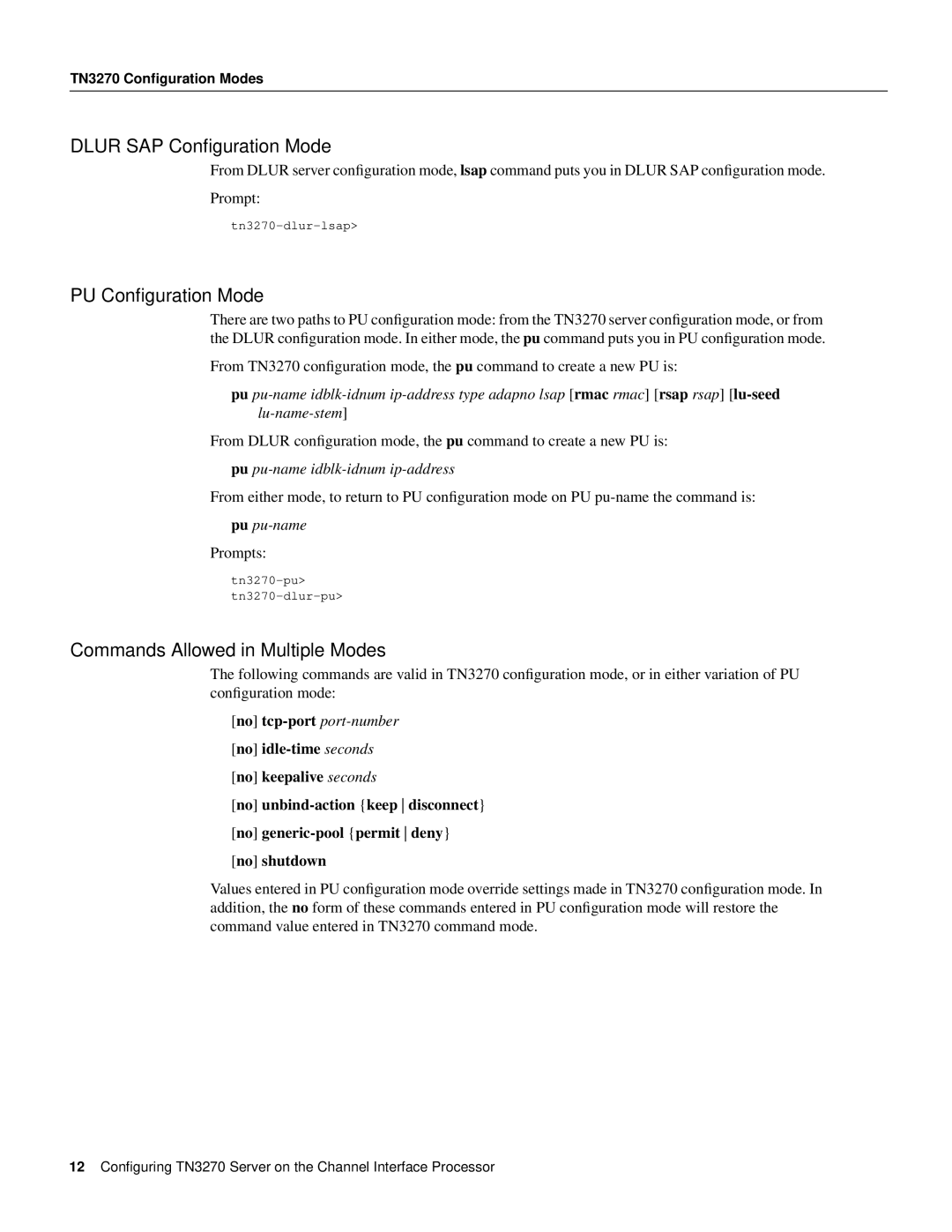 Cisco Systems 11.0 BT manual Dlur SAP Conﬁguration Mode, PU Conﬁguration Mode, Commands Allowed in Multiple Modes 